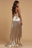 Pleated Metallic Halter A Line Long Gold Prom Dress With Slit