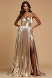 Pleated Metallic Halter A Line Long Gold Prom Dress With Slit