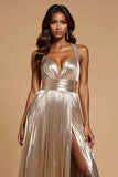 Pleated Metallic Halter A Line Long Gold Prom Dress With Slit