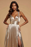 Pleated Metallic Halter A Line Long Gold Prom Dress With Slit