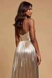 Pleated Metallic Halter A Line Long Gold Prom Dress With Slit