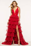 Red V-Neck Ruffled Tiered Princess Prom Dress With Slit