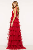 Red V-Neck Ruffled Tiered Princess Prom Dress With Slit