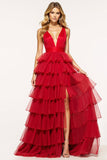 Red V-Neck Ruffled Tiered Princess Prom Dress With Slit