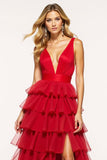 Red V-Neck Ruffled Tiered Princess Prom Dress With Slit