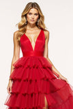 Red V-Neck Ruffled Tiered Princess Prom Dress With Slit