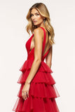 Red V-Neck Ruffled Tiered Princess Prom Dress With Slit