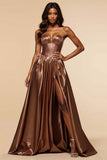 Brown Sweetheart A Line Long Prom Dress With Slit