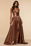 Brown Sweetheart A Line Long Prom Dress With Slit