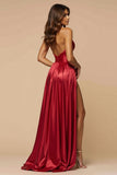 Halter Dark Red A Line Pleated Long Prom Dress