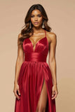 Halter Dark Red A Line Pleated Long Prom Dress