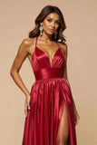 Halter Dark Red A Line Pleated Long Prom Dress