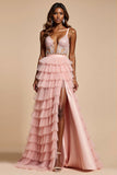 Blush Pink Lace A Line Tiered Long Prom Dress With Ruffles