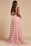 Blush Pink Lace A Line Tiered Long Prom Dress With Ruffles