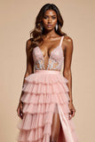 Blush Pink Lace A Line Tiered Long Prom Dress With Ruffles