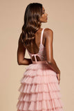 Blush Pink Lace A Line Tiered Long Prom Dress With Ruffles