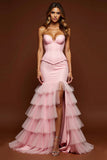 Mermaid Blush Pink Corset Ruffled Long Prom Dress With Slit