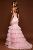 Mermaid Blush Pink Corset Ruffled Long Prom Dress With Slit