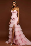 Mermaid Blush Pink Corset Ruffled Long Prom Dress With Slit