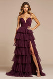 Purple A Line Tulle Long Prom Dress With Ruffles