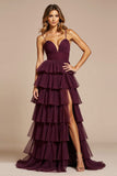 Purple A Line Tulle Long Prom Dress With Ruffles