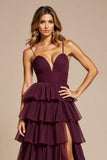 Purple A Line Tulle Long Prom Dress With Ruffles