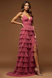 Desert Rose Tulle A Line Tiered Ruffled Prom Dress With Slit