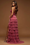 Desert Rose Tulle A Line Tiered Ruffled Prom Dress With Slit