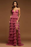 Desert Rose Tulle A Line Tiered Ruffled Prom Dress With Slit