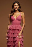 Desert Rose Tulle A Line Tiered Ruffled Prom Dress With Slit