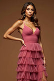 Desert Rose Tulle A Line Tiered Ruffled Prom Dress With Slit