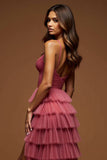 Desert Rose Tulle A Line Tiered Ruffled Prom Dress With Slit