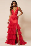 Mermaid Red Tiered Ruffled Long Prom Dress With Slit