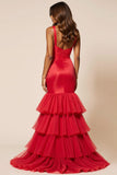 Mermaid Red Tiered Ruffled Long Prom Dress With Slit