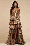 Metallic Golden Tiered Ruffled Prom Dress With Slit