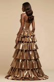 Metallic Golden Tiered Ruffled Prom Dress With Slit