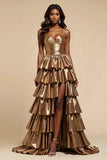 Metallic Golden Tiered Ruffled Prom Dress With Slit