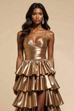 Metallic Golden Tiered Ruffled Prom Dress With Slit