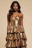 Metallic Golden Tiered Ruffled Prom Dress With Slit