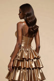 Metallic Golden Tiered Ruffled Prom Dress With Slit