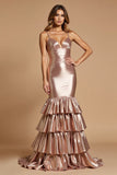 Mermaid Rose Gold V-Neck Ruffled Long Prom Dress