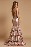 Mermaid Rose Gold V-Neck Ruffled Long Prom Dress