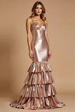 Mermaid Rose Gold V-Neck Ruffled Long Prom Dress