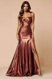 Brown Cut Out Satin Mermaid Prom Dress With Slit