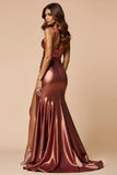 Brown Cut Out Satin Mermaid Prom Dress With Slit