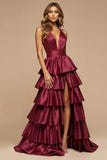 Burgundy V-Neck Satin A Line Prom Dress With Ruffles