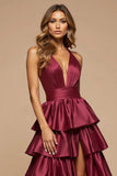 Burgundy V-Neck Satin A Line Prom Dress With Ruffles