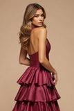 Burgundy V-Neck Satin A Line Prom Dress With Ruffles