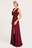 Burgundy Sheath Cowl Neck Bridesmaid Dress with Slit