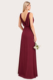 Burgundy Sheath Cowl Neck Bridesmaid Dress with Slit